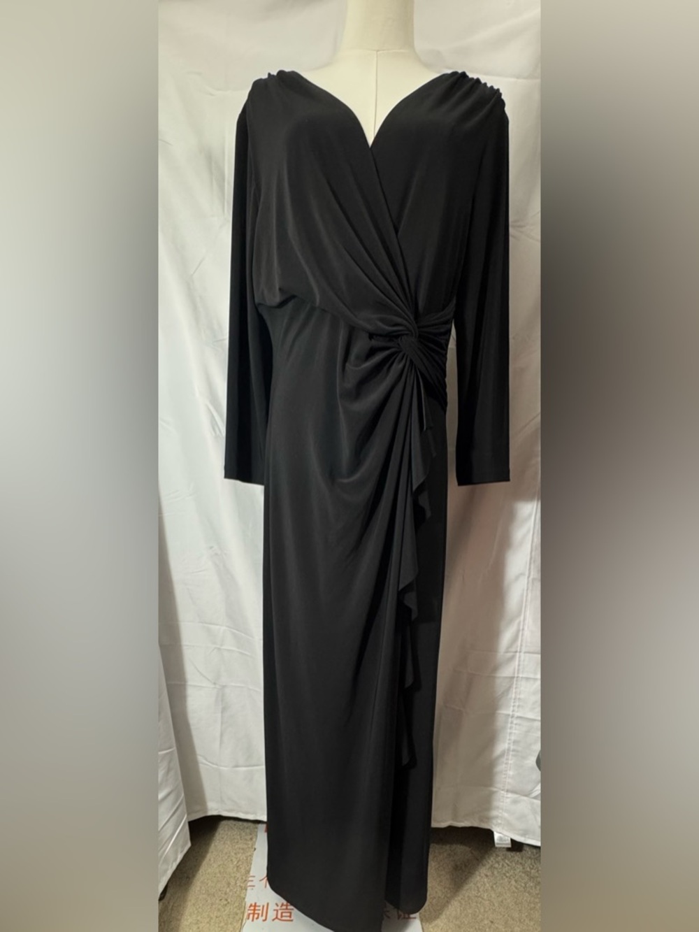 Lauren Ralph Lauren Wrap Dress Ruffle Knot Black Long V-Neck 3/4 Sleeve Sz 16